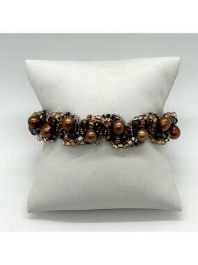 Vintage Woven Beaded Bracelet With Freshwater Pearls & Carnelian Bead Accent